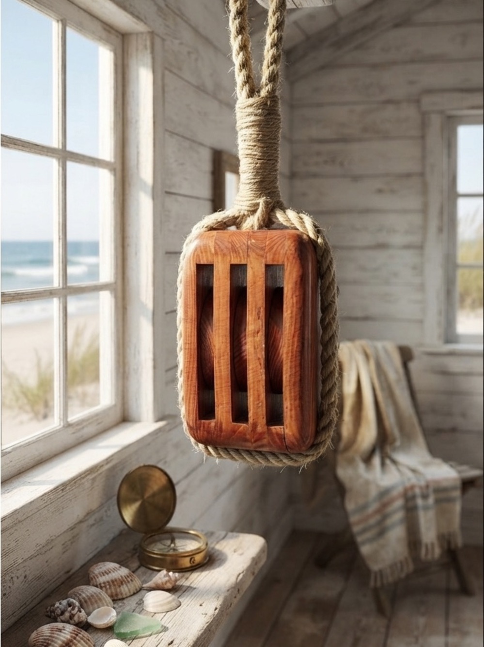 decorative wooden triple pulley, often made as a rustic reproduction